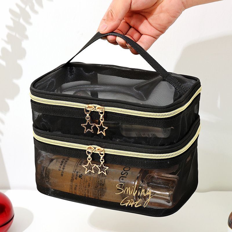 Double Layer Mesh Makeup Bag Cosmetic Organizer Transparent Travel Wash Case 1PC