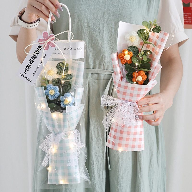 Crochet Flowers Bouquet Milk Cotton Hand-Knitted LED Light Gift Bag Floral Decor