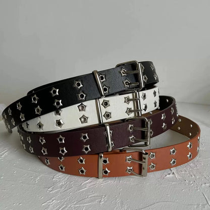 Women Belt Pu Leather Star Eye Rivet Punk Hollow Double Pin Buckle Men Waistband