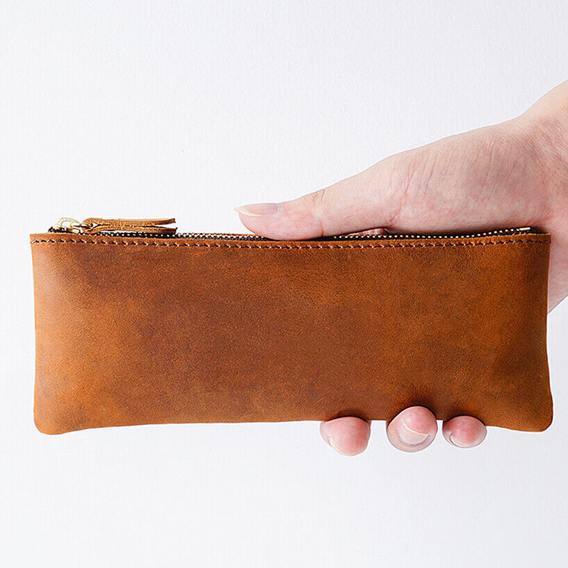 Handmade Cowhide Leather Vintage Zipper Pen Pencil Case Stationery Storage Bag