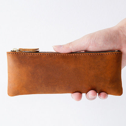 Handmade Cowhide Leather Vintage Zipper Pen Pencil Case Stationery Storage Bag