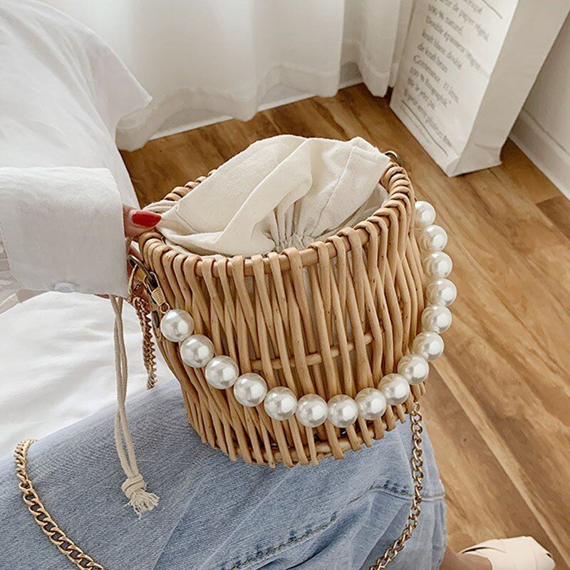 Woven Straw Bag Pearl Chain Round Handmade Handbag Shoulder Purse 16*16*14 CM