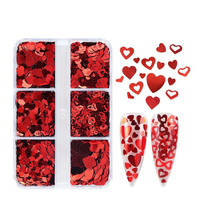 Nail Art Glitter 6 Grids Red Love Heart Sequins Flakes DIY Valentines Decoration