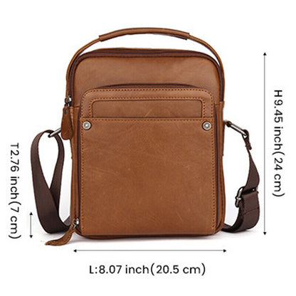 Crazy Horse Leather Men's Sling Shoulder Bag Double Zipper Multifunction Handbag