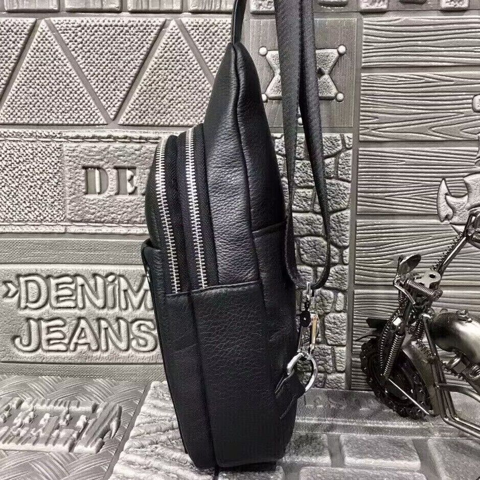 Soft Cow Leather Black Crossbody Chest Bag Hiking Sling Backpack Shoulder Bag