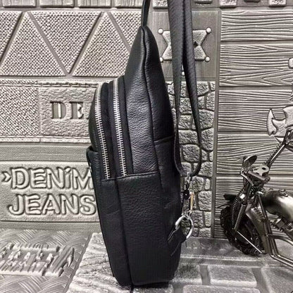 Soft Cow Leather Black Crossbody Chest Bag Hiking Sling Backpack Shoulder Bag