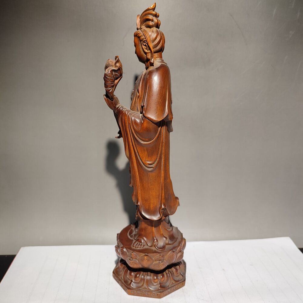 wooden fortune praying kwan yin guanyin quan statues wood sculpture decor lotus