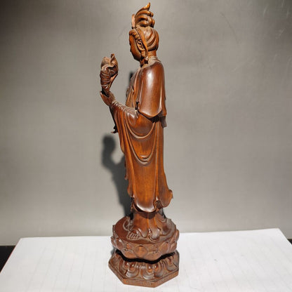 wooden fortune praying kwan yin guanyin quan statues wood sculpture decor lotus