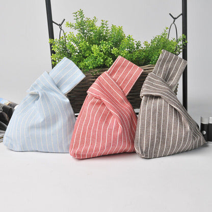 Women Portable Knot Wrist Bag Janpanese Stripe Bag Purses Phone Key Coin Pouch
