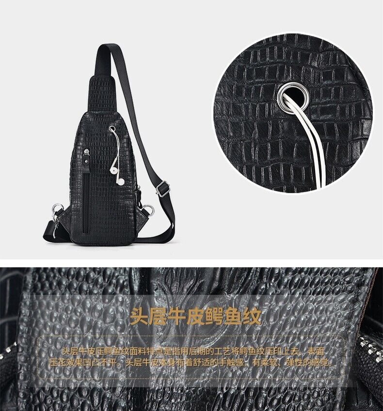 Black Real eather Sling Backpack, Men's Crossbody Chest Bag with Crocodile Print
