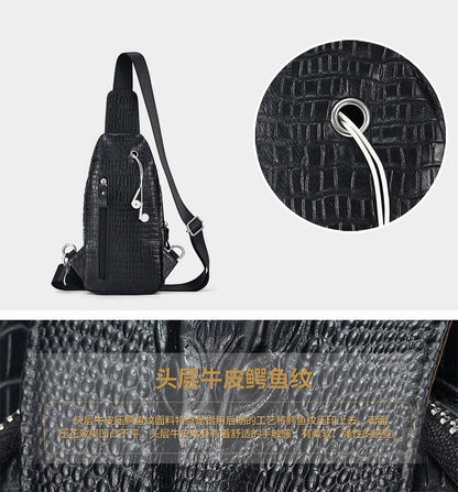 Black Real eather Sling Backpack, Men's Crossbody Chest Bag with Crocodile Print