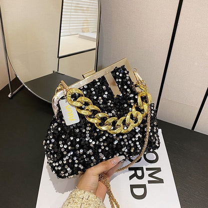 Sequin Shoulder Messenger Bag Buckle Handbag Thick Chain Polyester Purse Hasps