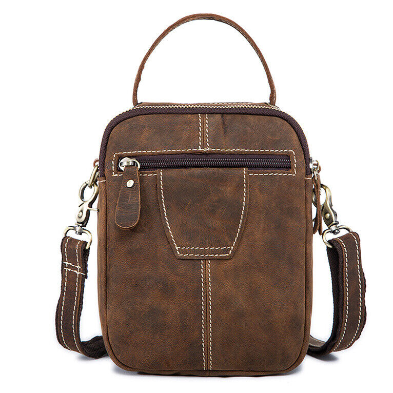Crazy Horse Leather Men's Sling Shoulder Bag Double Zipper Multifunction Handbag