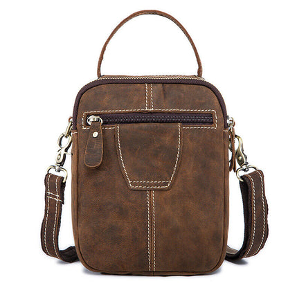 Crazy Horse Leather Men's Sling Shoulder Bag Double Zipper Multifunction Handbag