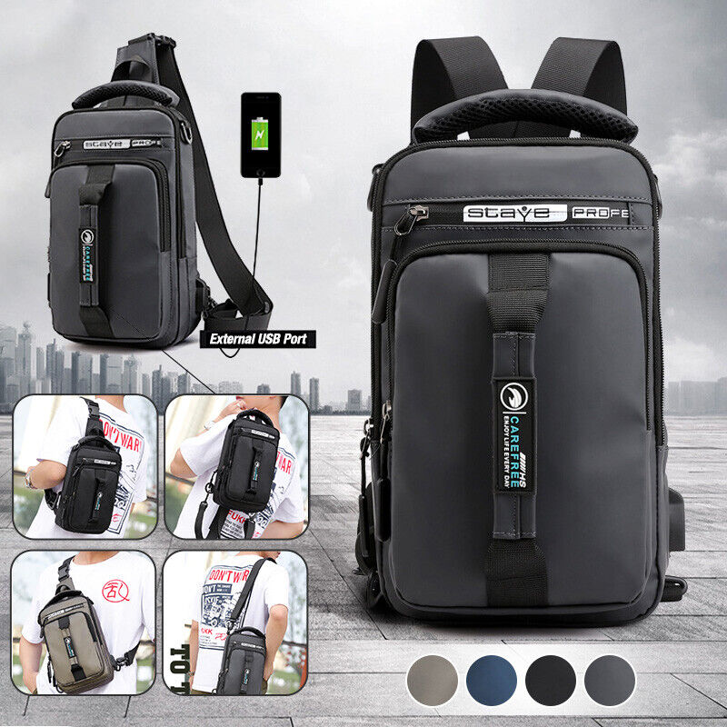Men's Crossbody Shoulder Chest Sling Backpack Bag Messenger Anti-Theft USB Port