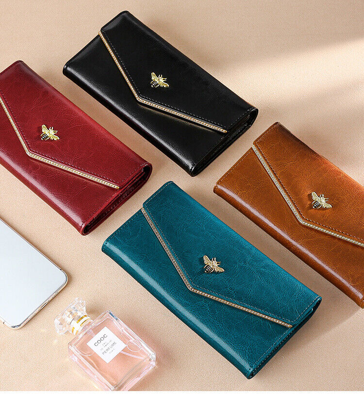 Genuine Leather Women's Long Trifold Wallet RFID Blocking Card Holder Clutch bag