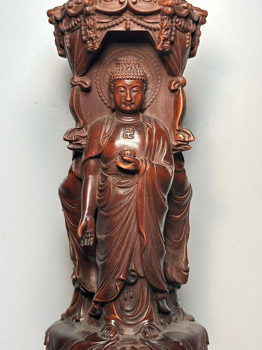 Vintage Chinese Wooden Carving Buddha Statue Home Decor Kwan Yin Prayer Buddhist
