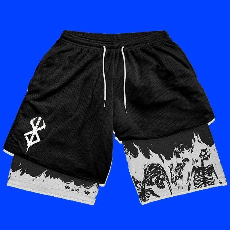 Anime Berserk 2 in 1 Gym Shorts Men Training Short Running Fitness Joggers Sport