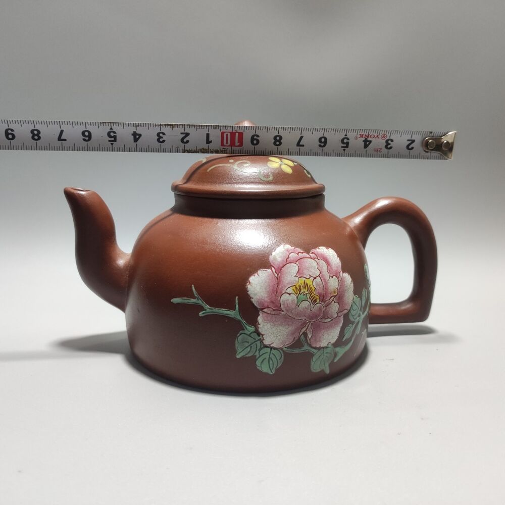 Vintage Chinese Yixing Purple Clay Teapot Zisha Ceremony Painted Peony Teaware