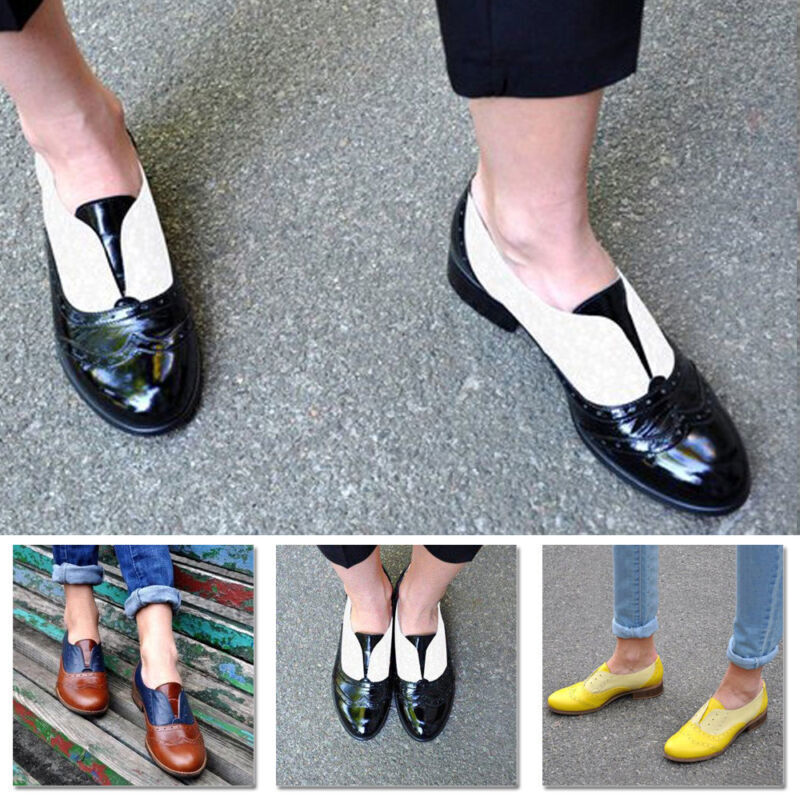 Womens Brogues Wingtip Round Toe Slip On Low Heel Dress Retro Oxfords Shoes