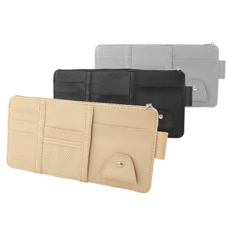 Car Sun Visor Storage Bag PU Leather Auto Glasses Ticket Folder Phone Organizer