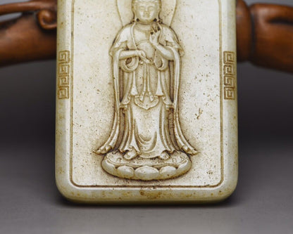 Chinese Antique Natural Hetian Jade Carving Kuan Yin Statue Amulets Pendant Gift