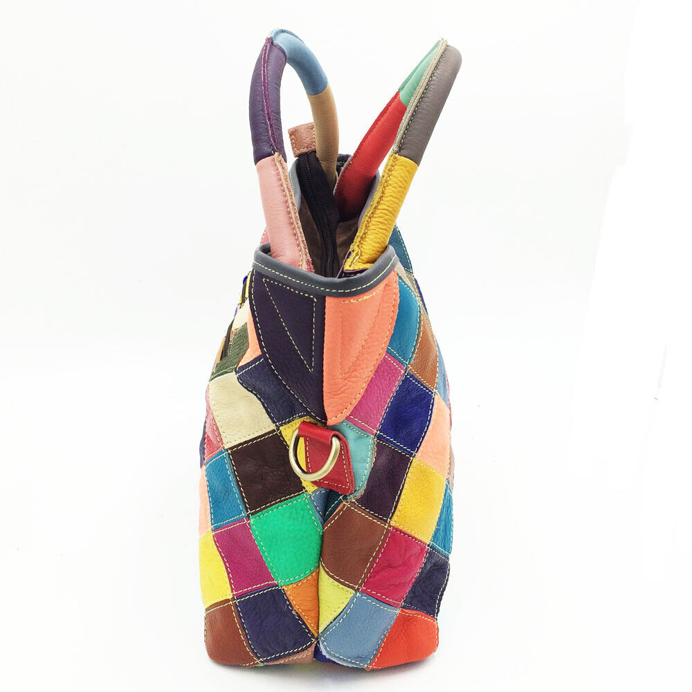 Multicolor Patch Real Leather Raw Edge Tote Shoulder Bag Purse Crossbody Handle