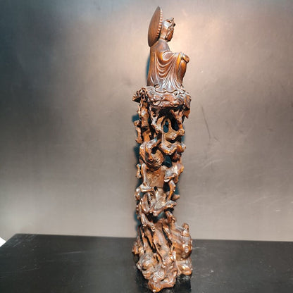 8" Vintage Wooden Ornaments Carved Statue Free Kwan Yin Bodhisattva Wood Figure