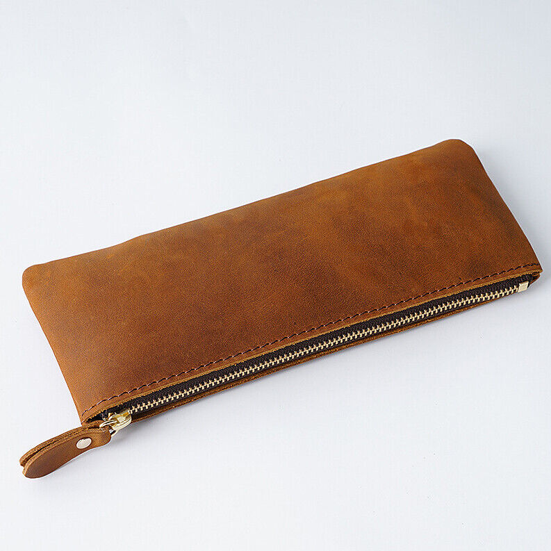 Handmade Cowhide Leather Vintage Zipper Pen Pencil Case Stationery Storage Bag