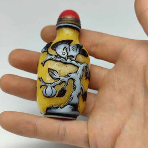 Antique Chinese Old Beijing Glaze Snuff Bottle Carved Flowers And Birds Statue