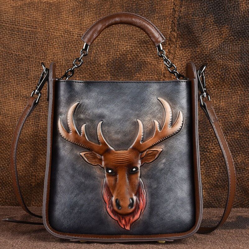 Designer Women's Genuine Leather Retro Handbags Deer Embossed Sling Shoulder Bag