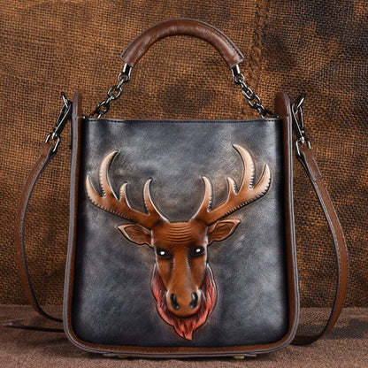 Designer Women's Genuine Leather Retro Handbags Deer Embossed Sling Shoulder Bag