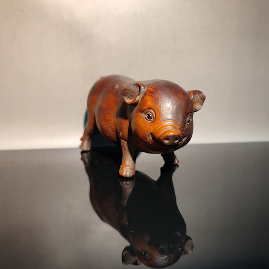Vintage Carved Wood Wooden Pig Statue Pet Mini-Musk Swine Gift Boxwood Room Art