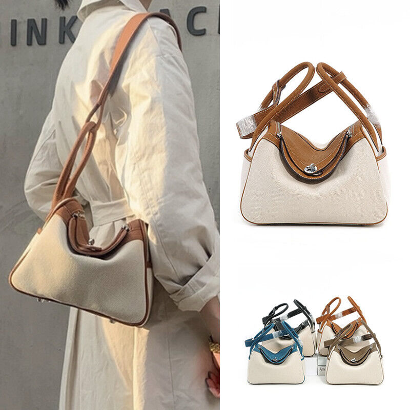 2 Szs Real Leather Linen Tote Shoulder Purse Doctor's Bag Hobo Handbag 2 Handles