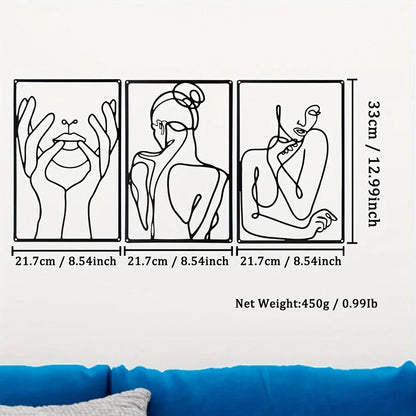 3pcs Abstract Metal Wall Art - Stunning Line Drawing Decor for Kitchen, Room