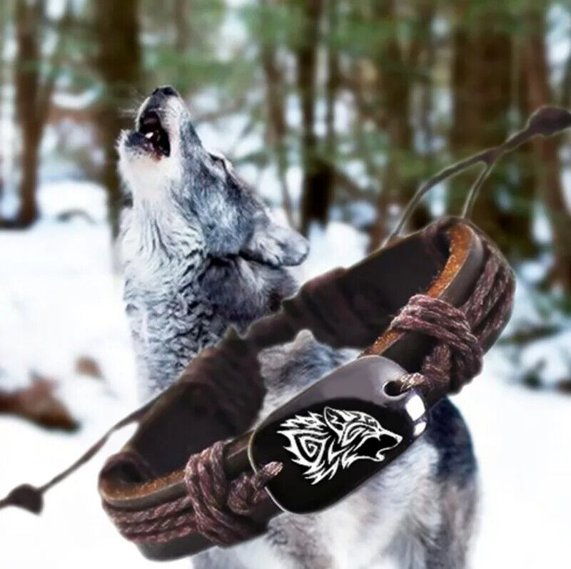 Vintage Fashion Braided Woven Rope Leather Unisex Bracelet Wolf Logo Jewelry
