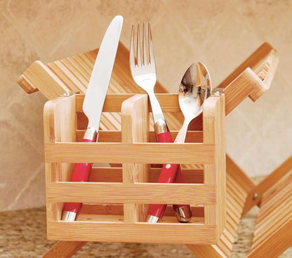 Wood Storage Basket for Kitchen Flatware Holder with Metal Clips 2-Compartment
