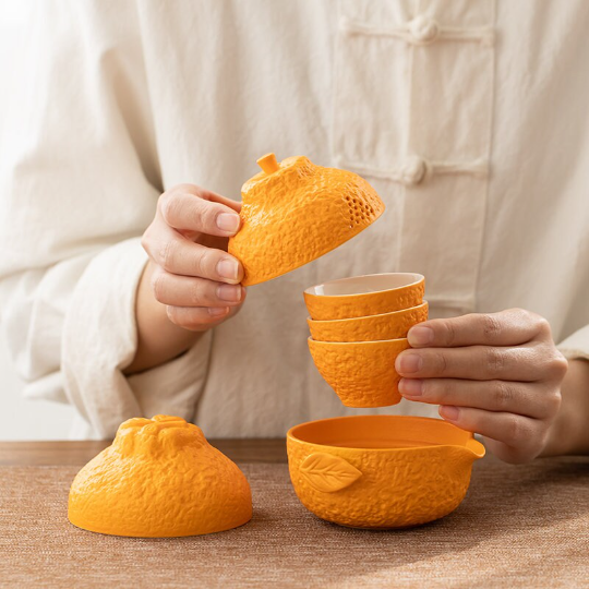 Creative Orange Ceramic Teapot with 4 Cups Portable Travel Tea Set with Bag