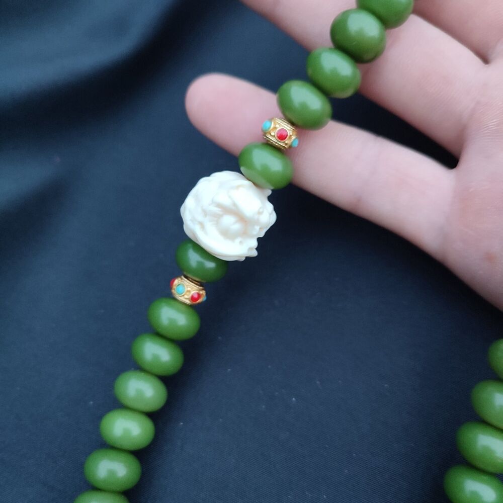 49x Green Bead Necklace Bracelet Buddha Pray Rosary Pipal Tree Bodhi lion