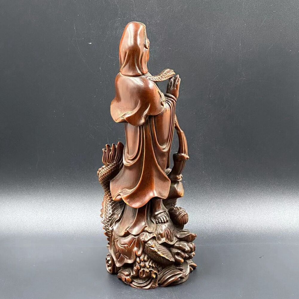 Collection China Boxwood Carving Dragon Kuan Yin Statue Sculpture Decoration Art