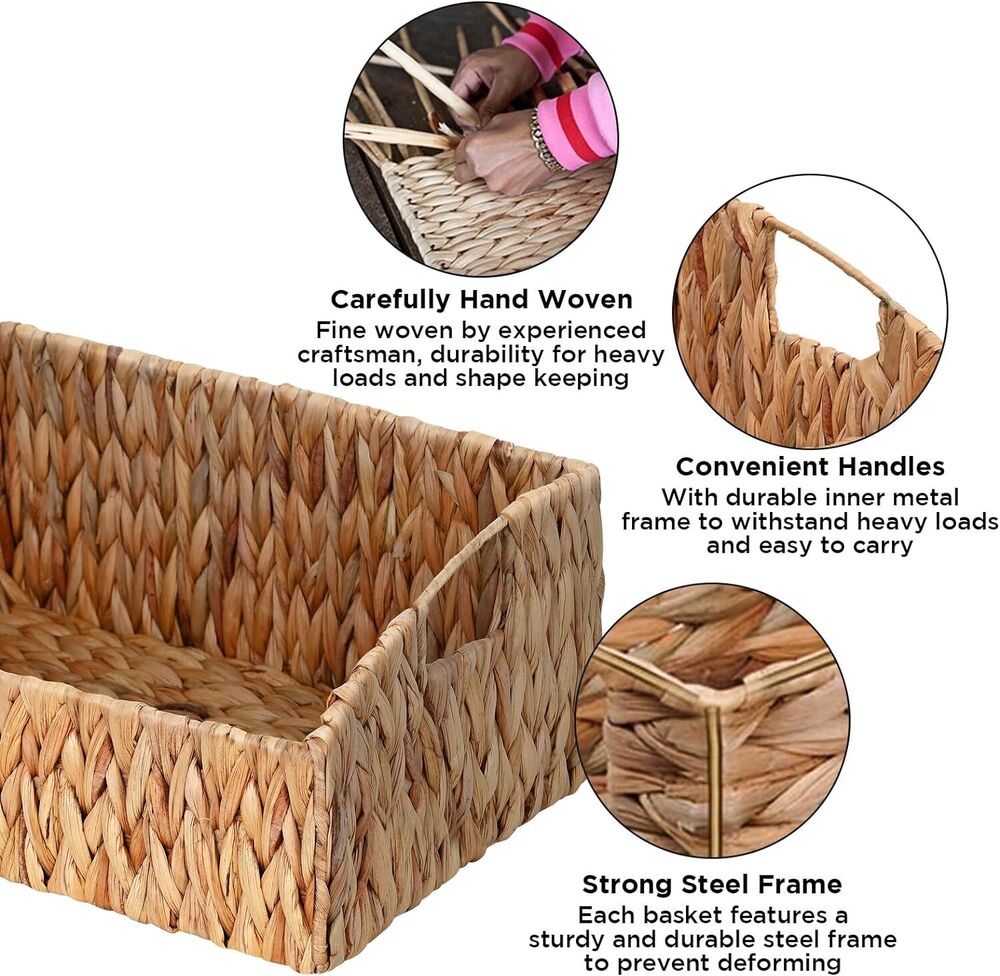 Handwoven Storage Baskets Natural Water Hyacinth Storage Bins Built-in Handles
