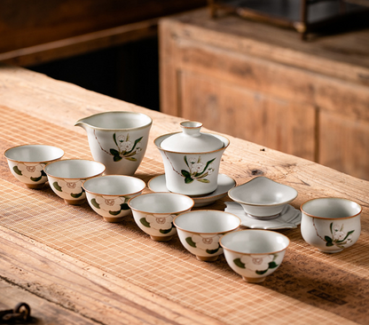 Antique moon white Ru kiln split horseshoe Sancai cover bowl tea set set
