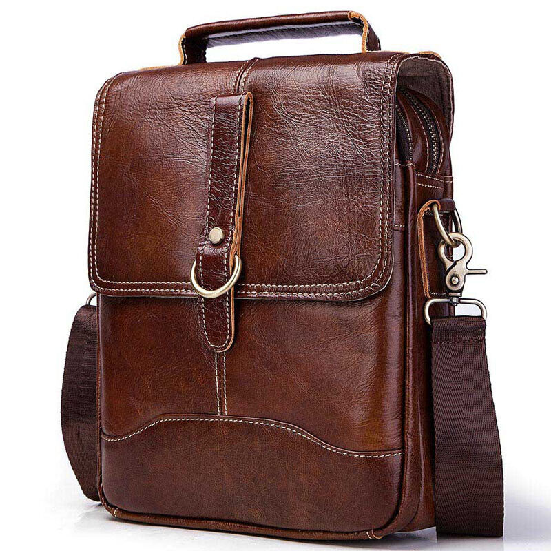 100% Genuine Leather Men's Sling Shoulder/Messenger Bag Double Zipper 8" Handbag
