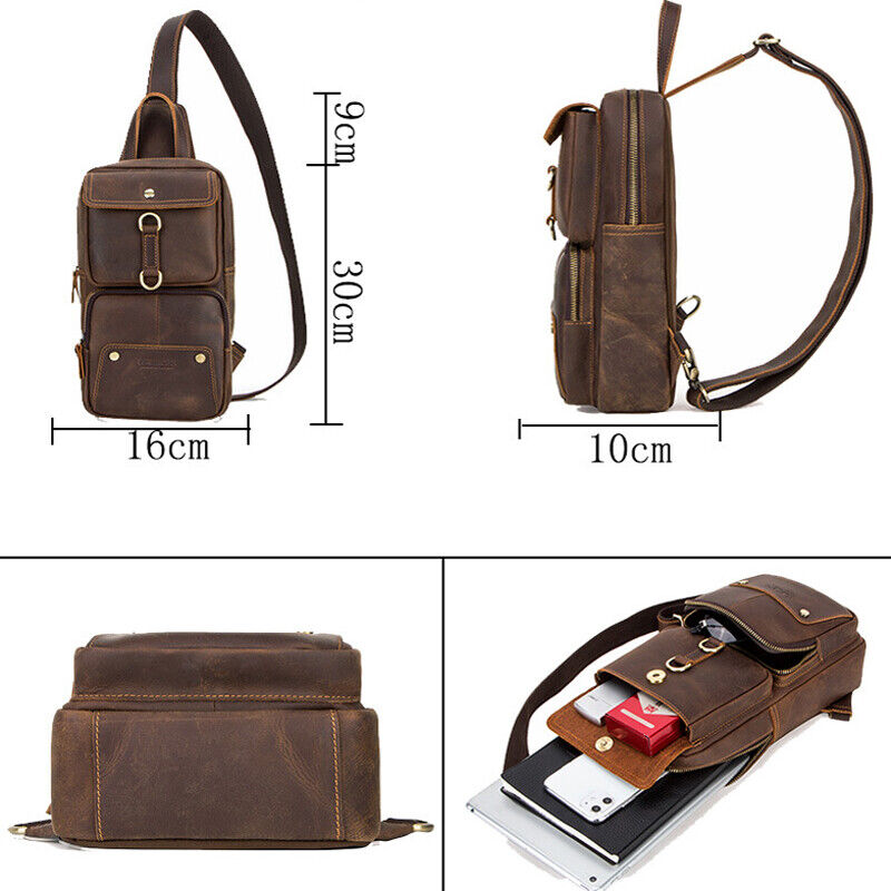 Men's Sling Backpack Crazy Horse Leather Large Capacity Chest Bag Crossbody Bag