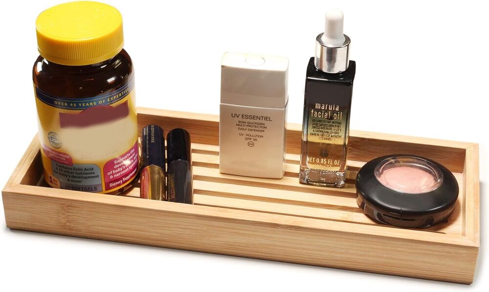 Natural Bamboo Vanity Tray Wooden Bathroom Organizer Counter Top Cosmetics Decor