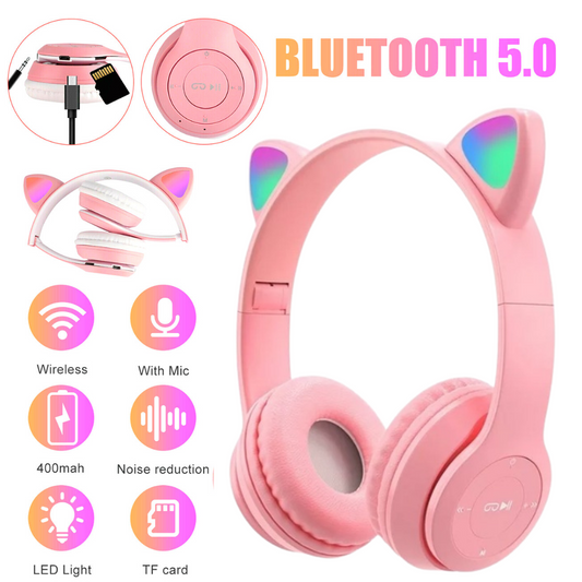 Audifonos Inalambricos Bluetooth 5.0 Cat LED Mic Auriculares para Mujer Niñas
