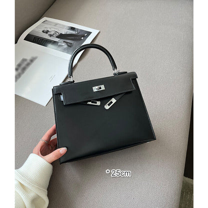 19/25 Trapezoid Glossy Real Leather Flap Tote Handbag Shoulder Bag Purse Fashion