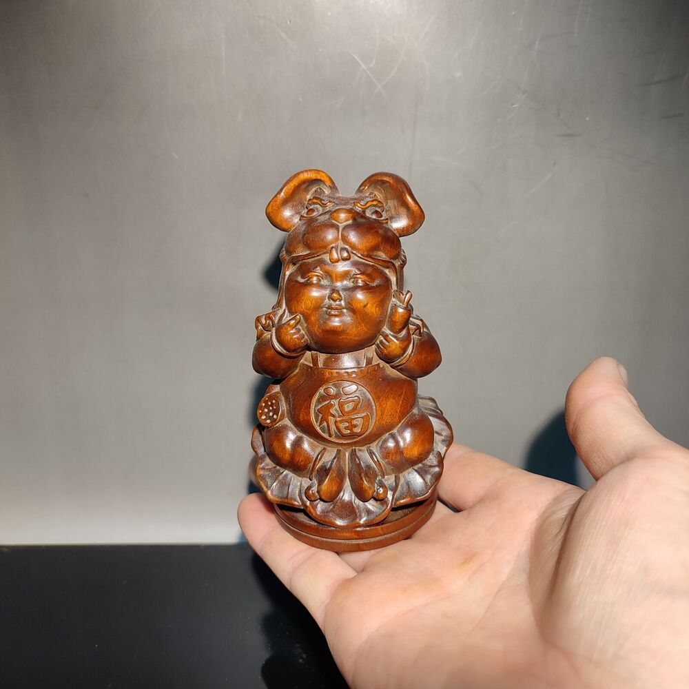 Chinese Natural Boxwood Rabbit Wealth Money Wooden Statue Decorative Sculpture