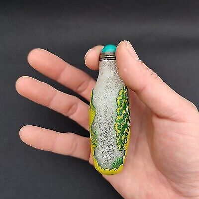 antique chinese snuff bottle peking glass yellow vintage Carved peacock statue