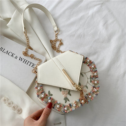 Tassel Women's Bag PU Leather Shoulder Bag Pearl Lace Crossbody Bags Handbags
